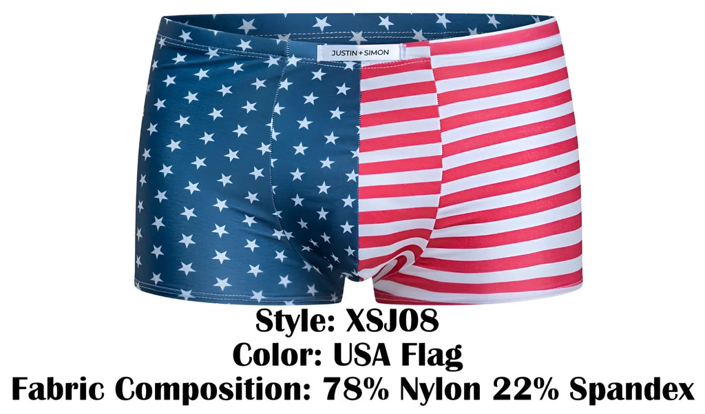 Justin simon xsj08 classic boxer briefs with usa flag pattern in blue star and red white stripes made of nylon and spandex