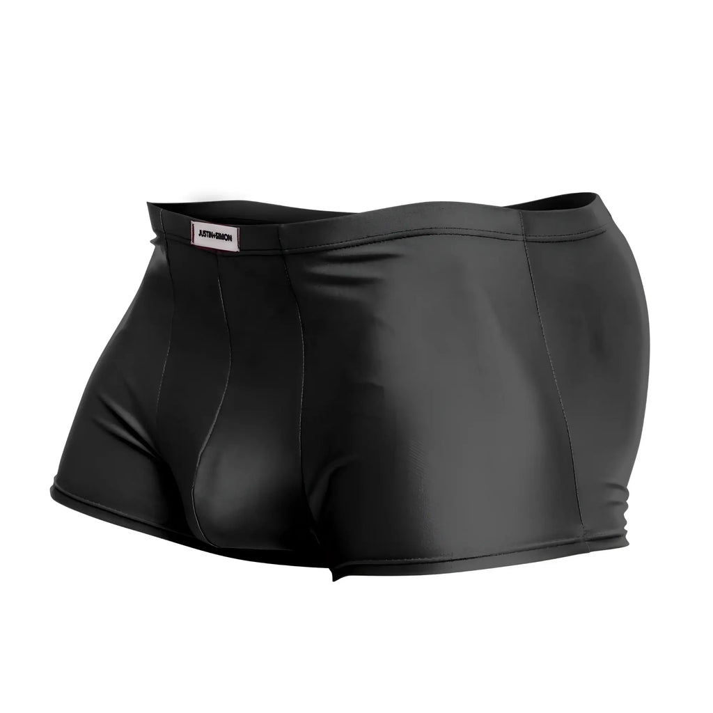Black shiny form-fitting men’s briefs with sleek smooth material and subtle waistband label justin simon xsj08 classic trunks