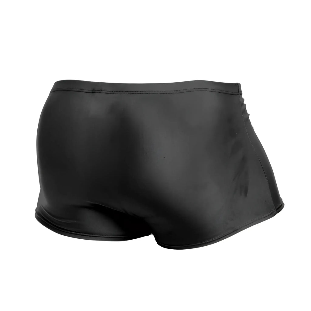 Justin Simon XSJ08 classic black swim trunks with a shiny, smooth, and form-fitting glossy finish