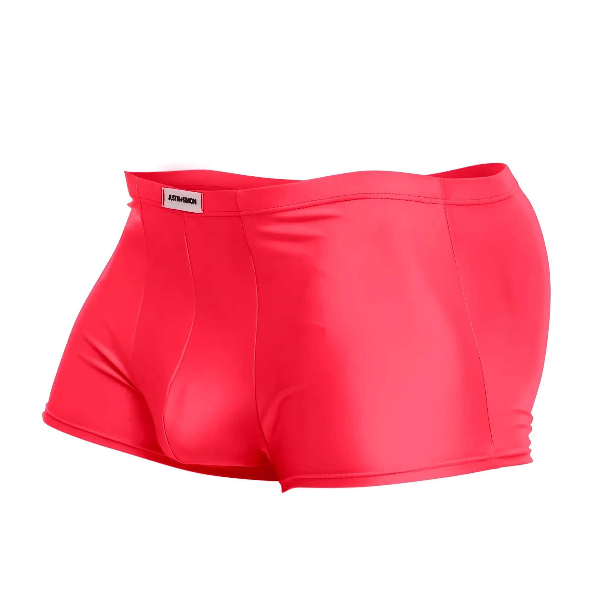 Vibrant red glossy finish men’s briefs justin simon xsj08 classic trunks with sleek form-fitting design and branded waistband