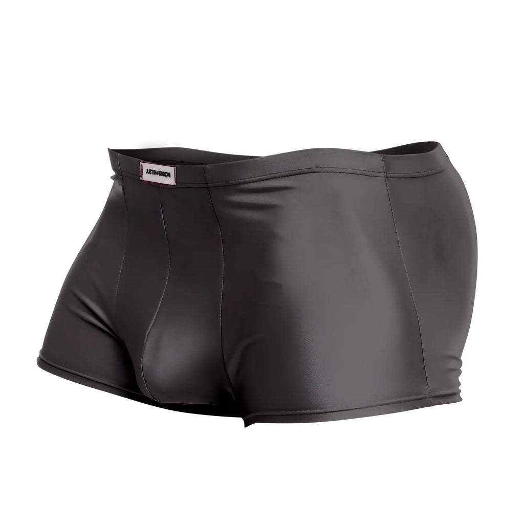 Justin simon xsj08 classic trunks in gray feature black shiny faux leather briefs with a sleek branded waistband