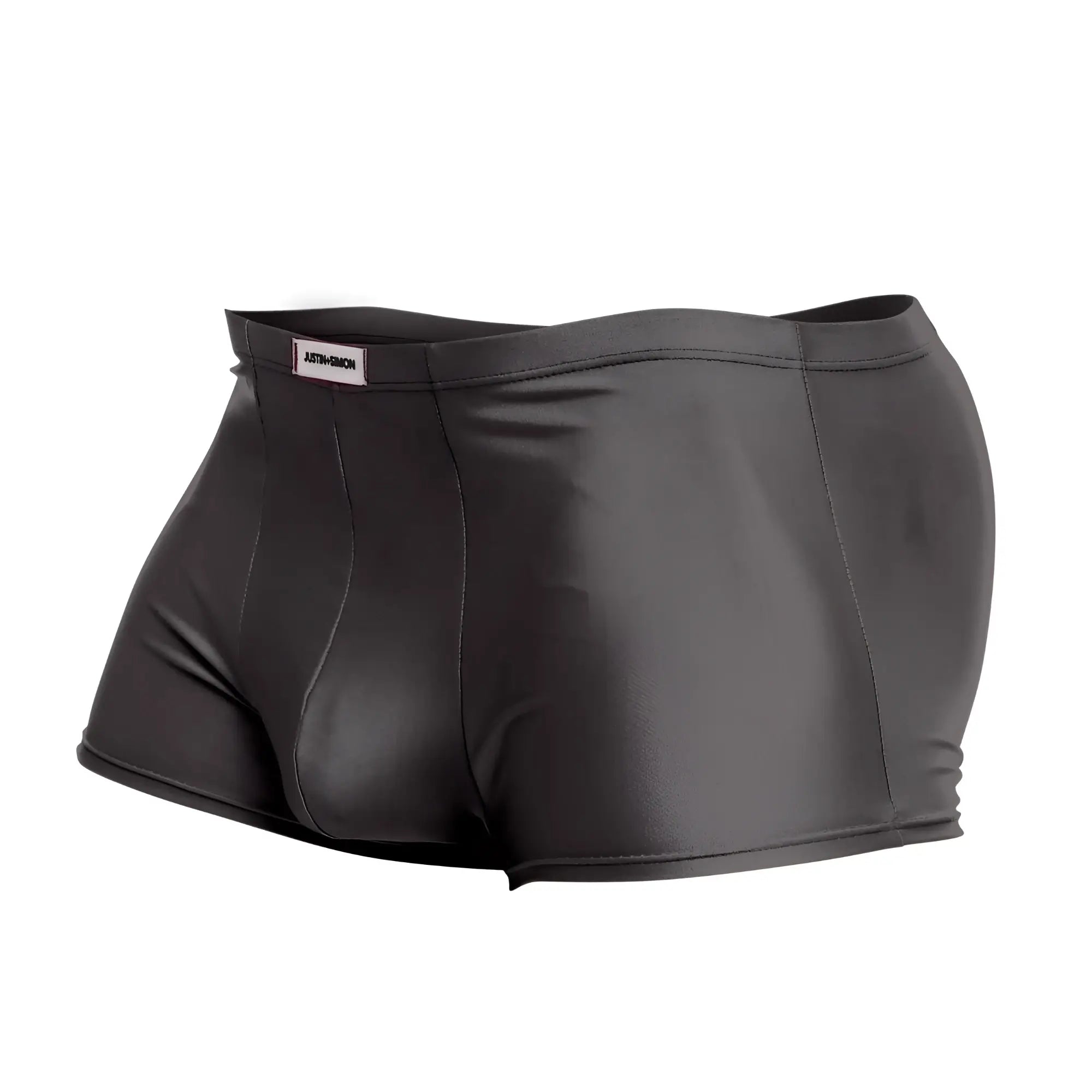 Justin simon xsj08 classic trunks in gray feature black shiny faux leather briefs with a sleek branded waistband
