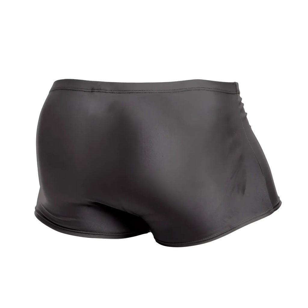 Black shiny form-fitting swim trunks with a smooth glossy finish from JUSTIN SIMON XSJ08 classic trunks gray color