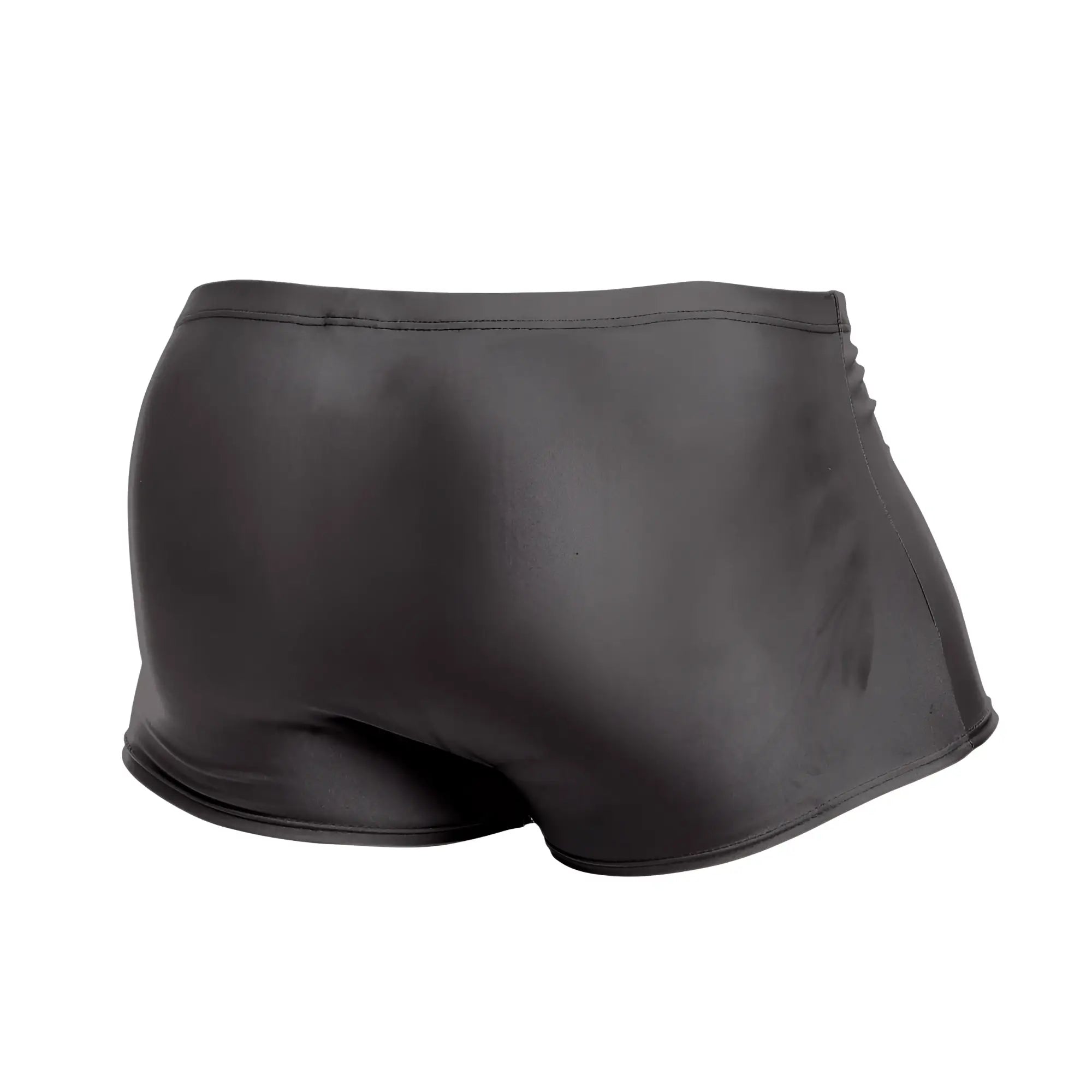 Black shiny form-fitting swim trunks with a smooth glossy finish from JUSTIN SIMON XSJ08 classic trunks gray color