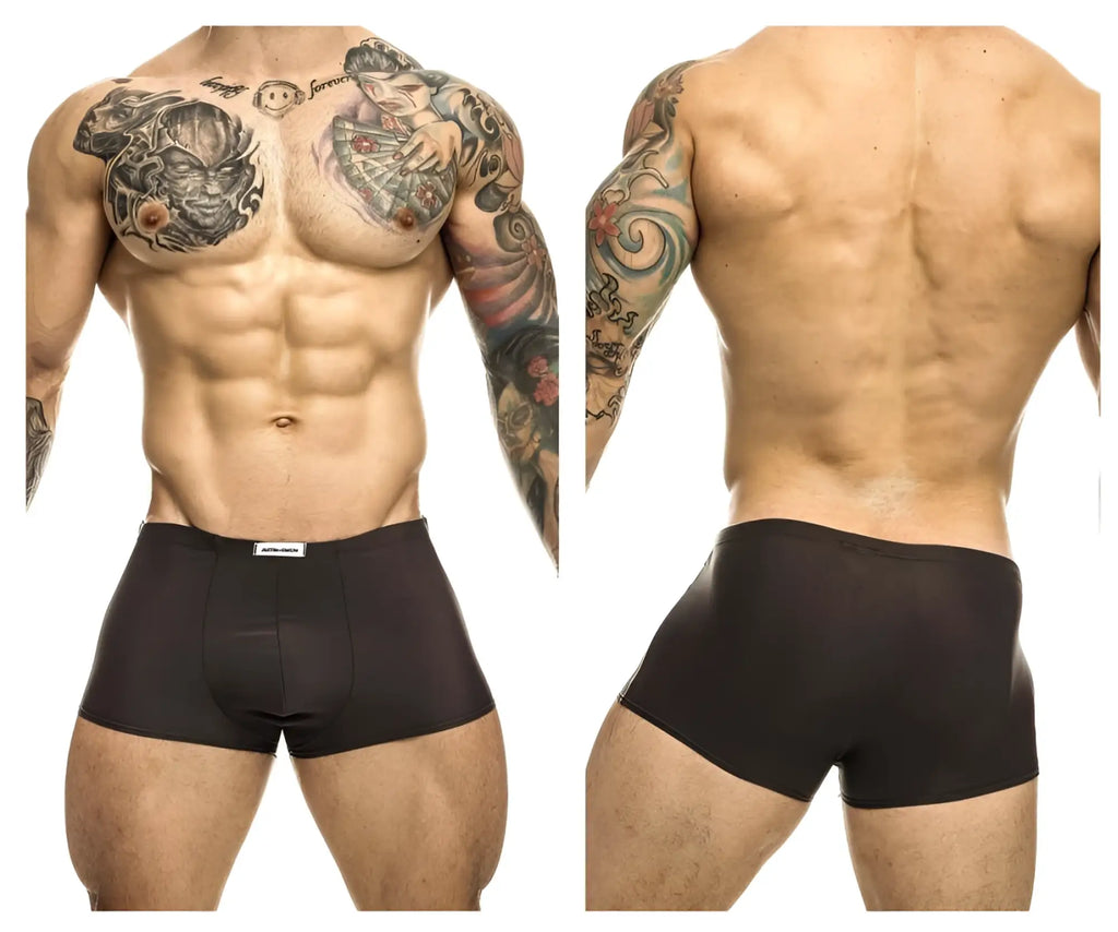 Justin Simon XSJ08 classic gray trunks front view black briefs with subtle brand tag on waistband