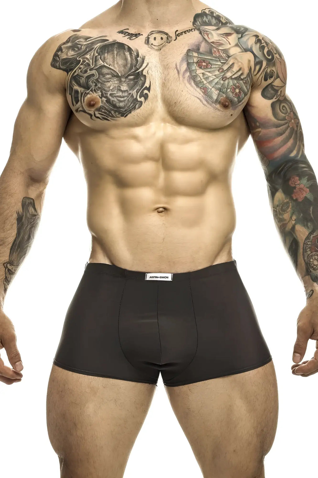 Black briefs with white waistband label from justin simon xsj08 classic trunks in gray color for comfortable wear