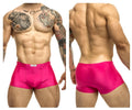 Justin simon xsj08 classic trunks in bright pink shiny fabric with a small white brand tag at the waistband