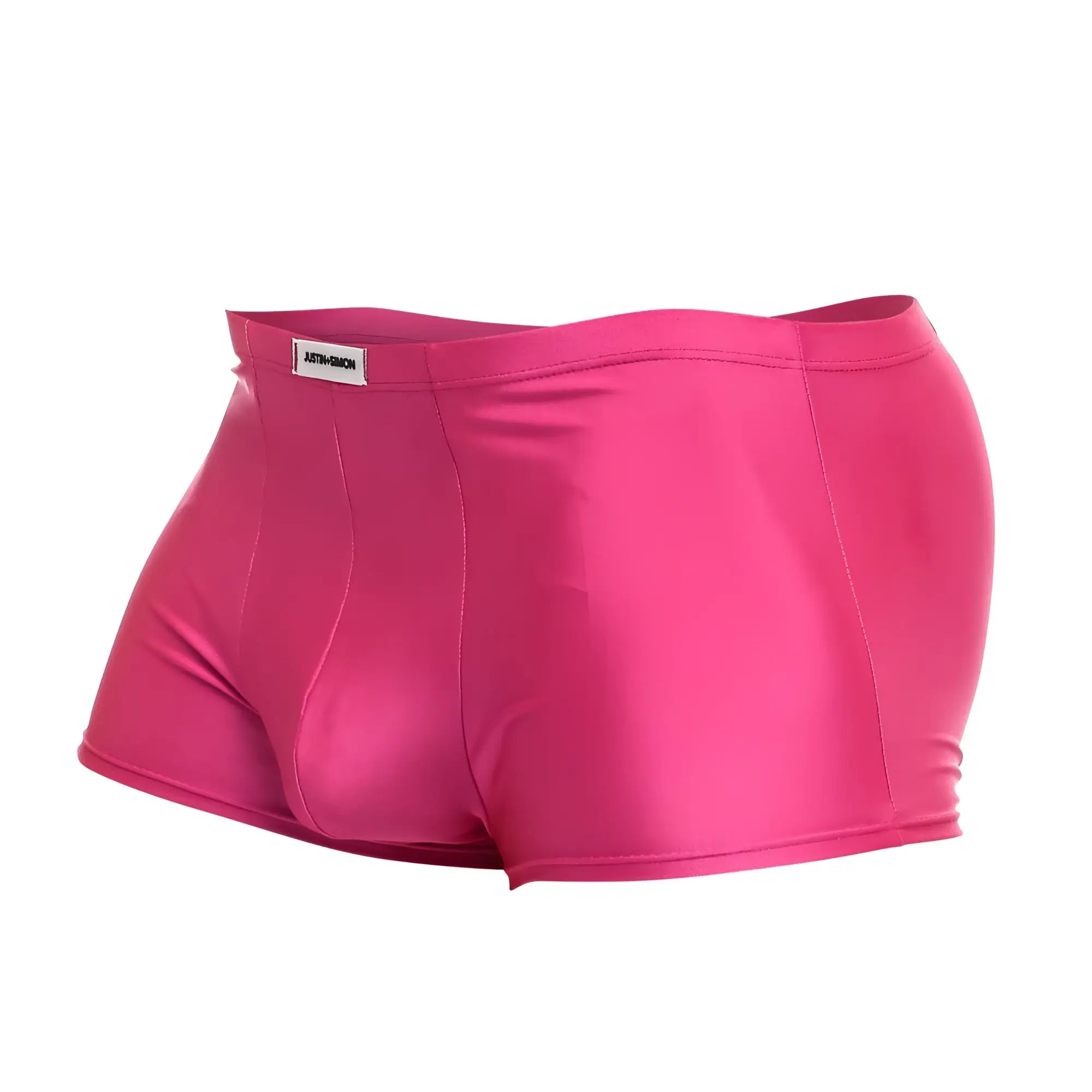 Justin Simon xsj08 classic trunks vibrant pink shiny satin briefs with sleek form fitting design and branded waistband label