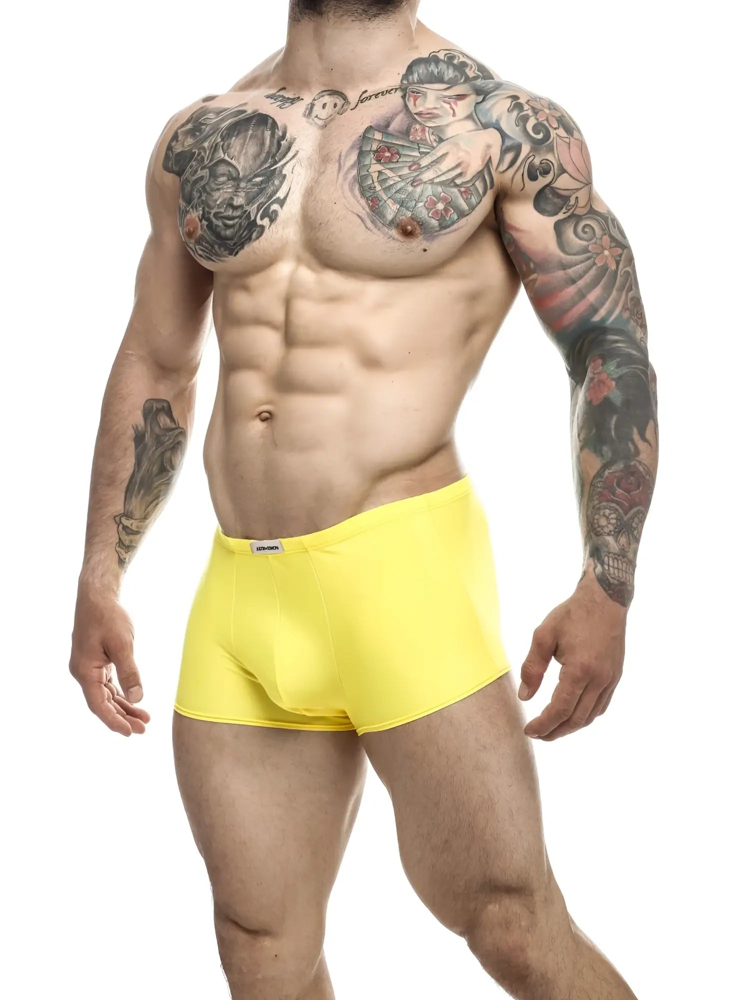 Justin+Simon XSJ08 classic trunks are bright yellow athletic briefs with a snug fit and elastic waistband