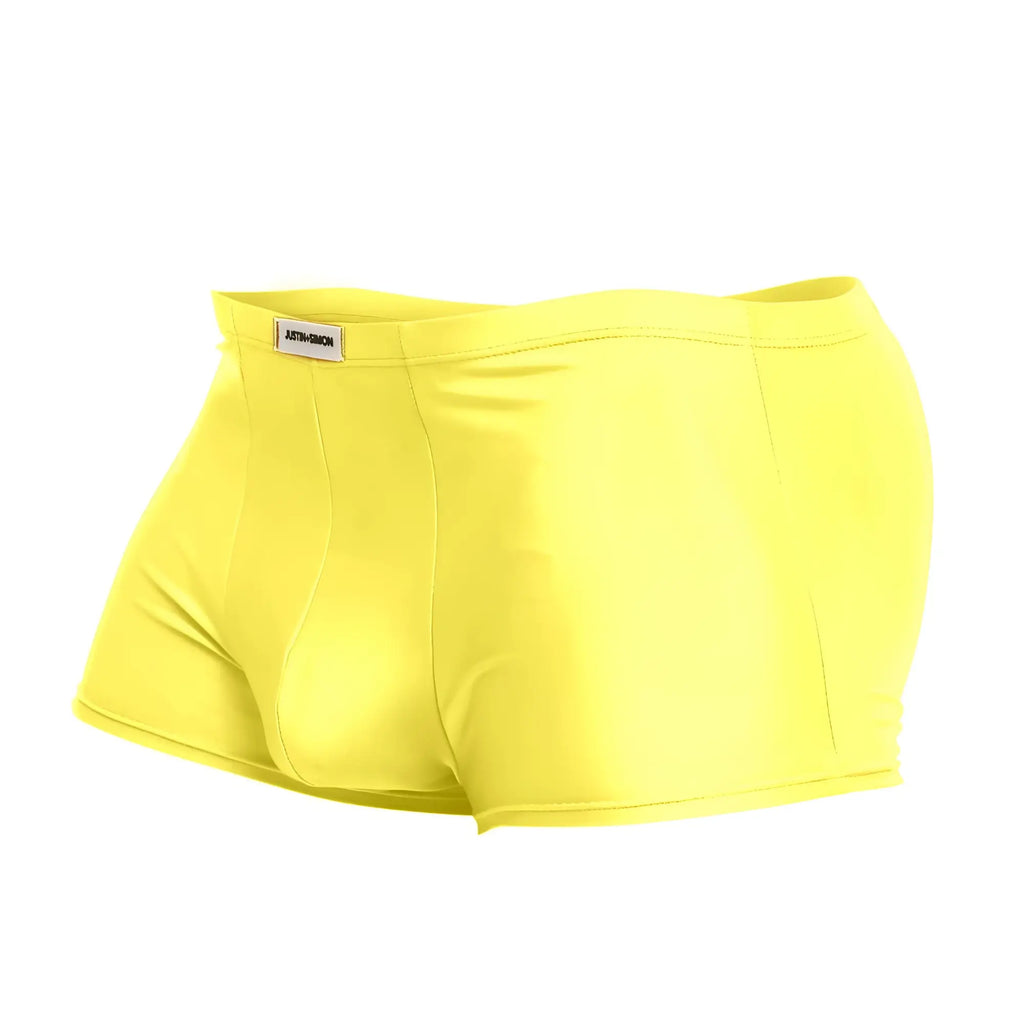 Bright yellow justin simon xsj08 classic trunks men’s briefs with smooth stretchy fabric and subtle waistband brand tag