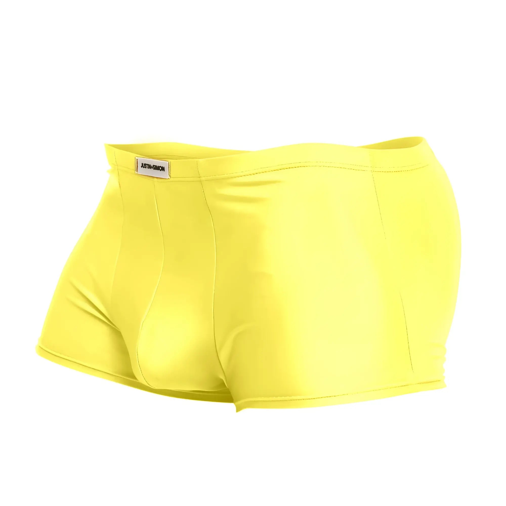 Bright yellow justin simon xsj08 classic trunks men’s briefs with smooth stretchy fabric and subtle waistband brand tag