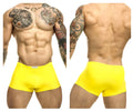 Bright yellow form-fitting men’s briefs with a small white brand tag at the waistband by JUSTIN+SIMON XSJ08