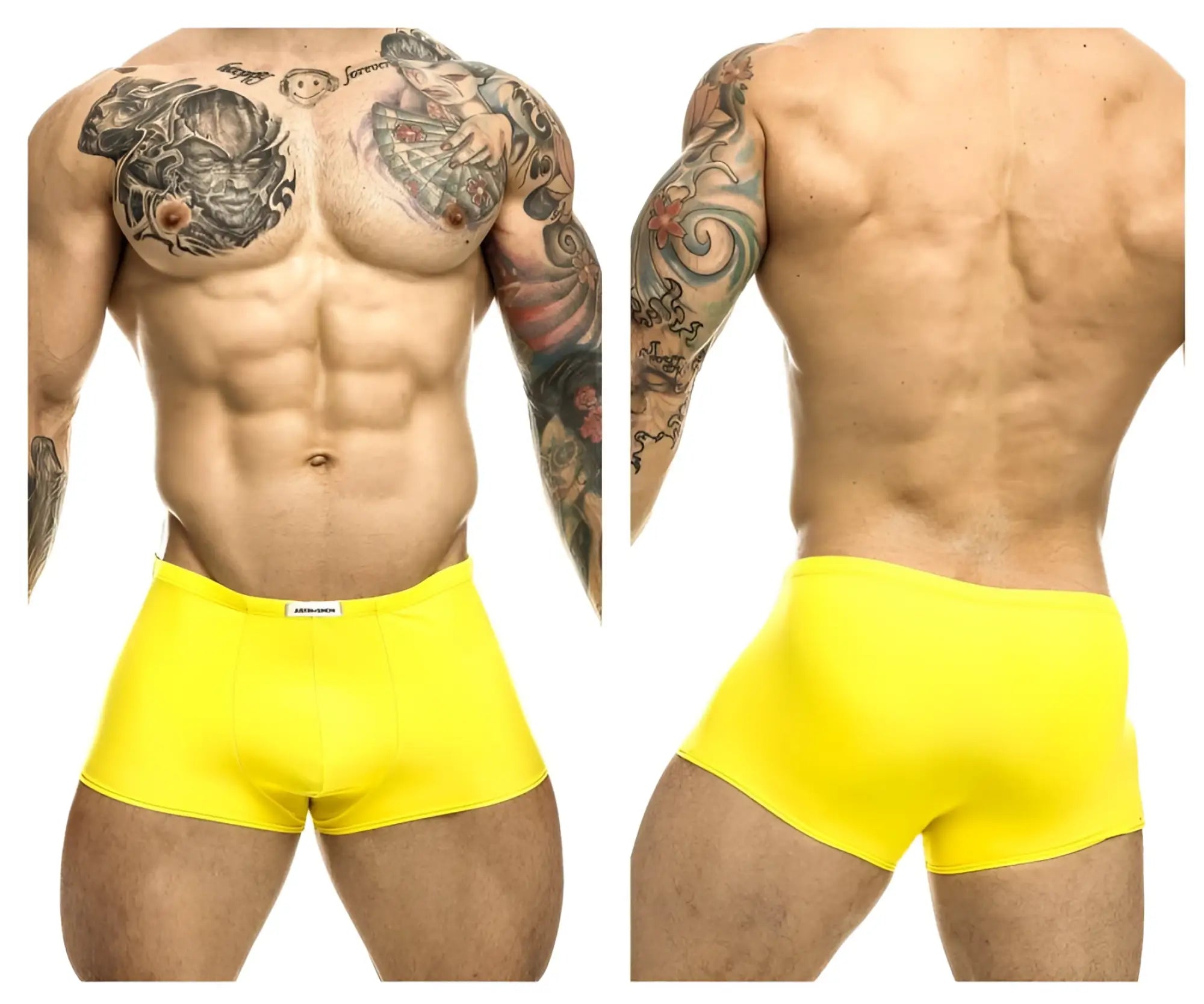 Bright yellow form-fitting men’s briefs with a small white brand tag at the waistband by JUSTIN+SIMON XSJ08