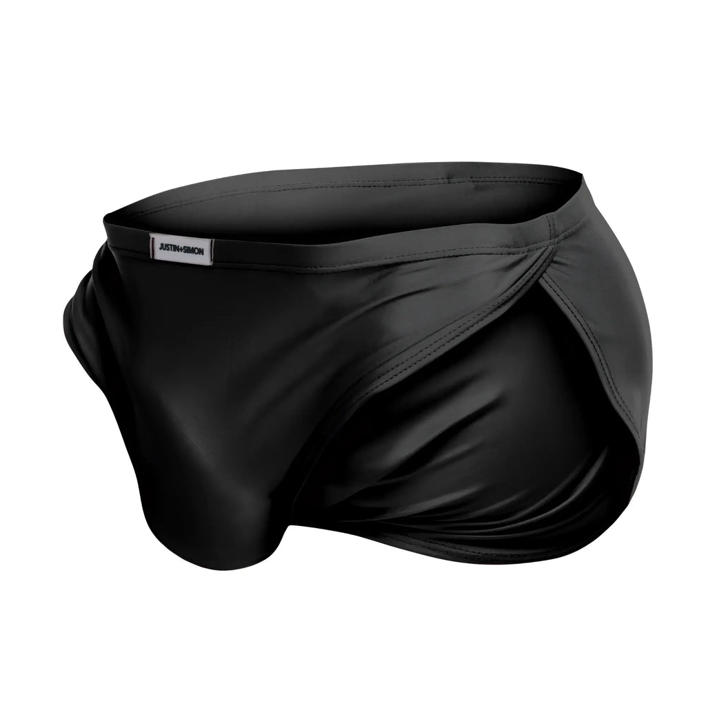 Black satin-like justin simon xsj09 running shorts with sleek form-fitting design and subtle brand tag at waistband