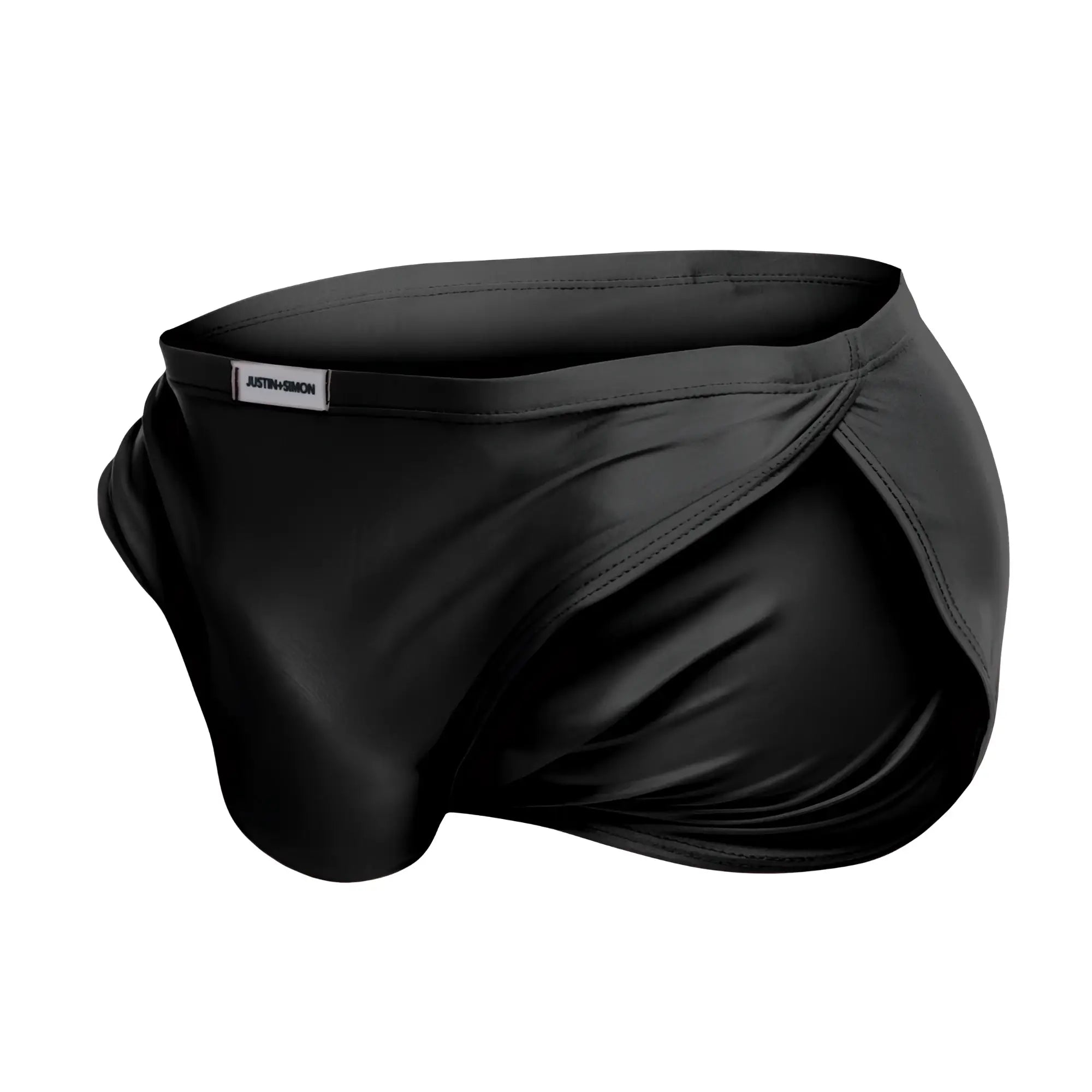 Black satin-like justin simon xsj09 running shorts with sleek form-fitting design and subtle brand tag at waistband