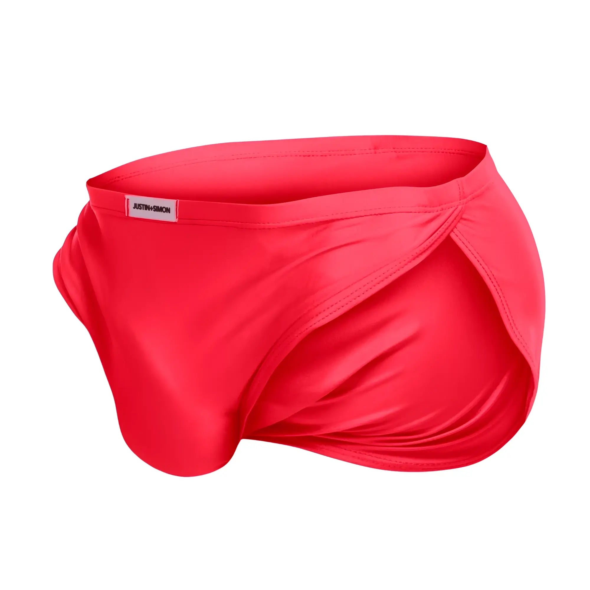 Coral bright red satin-like fabric briefs with sleek modern design and justin simon branded waistband label