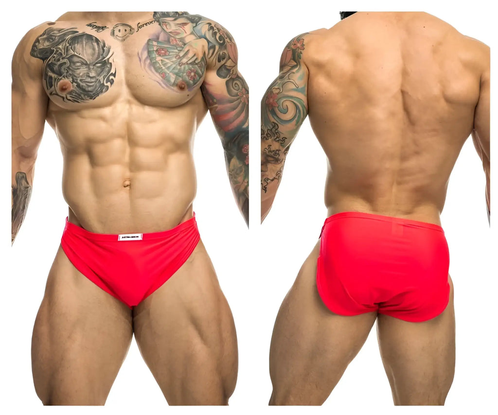 Coral bright red form-fitting justin simon xsj09 running briefs with white label on waistband for active use