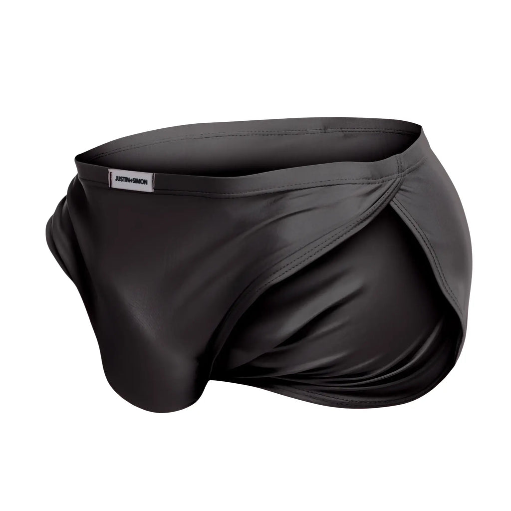 Black satin-like men’s briefs with sleek smooth texture and subtle sheen in justin simon xsj09 running shorts gray