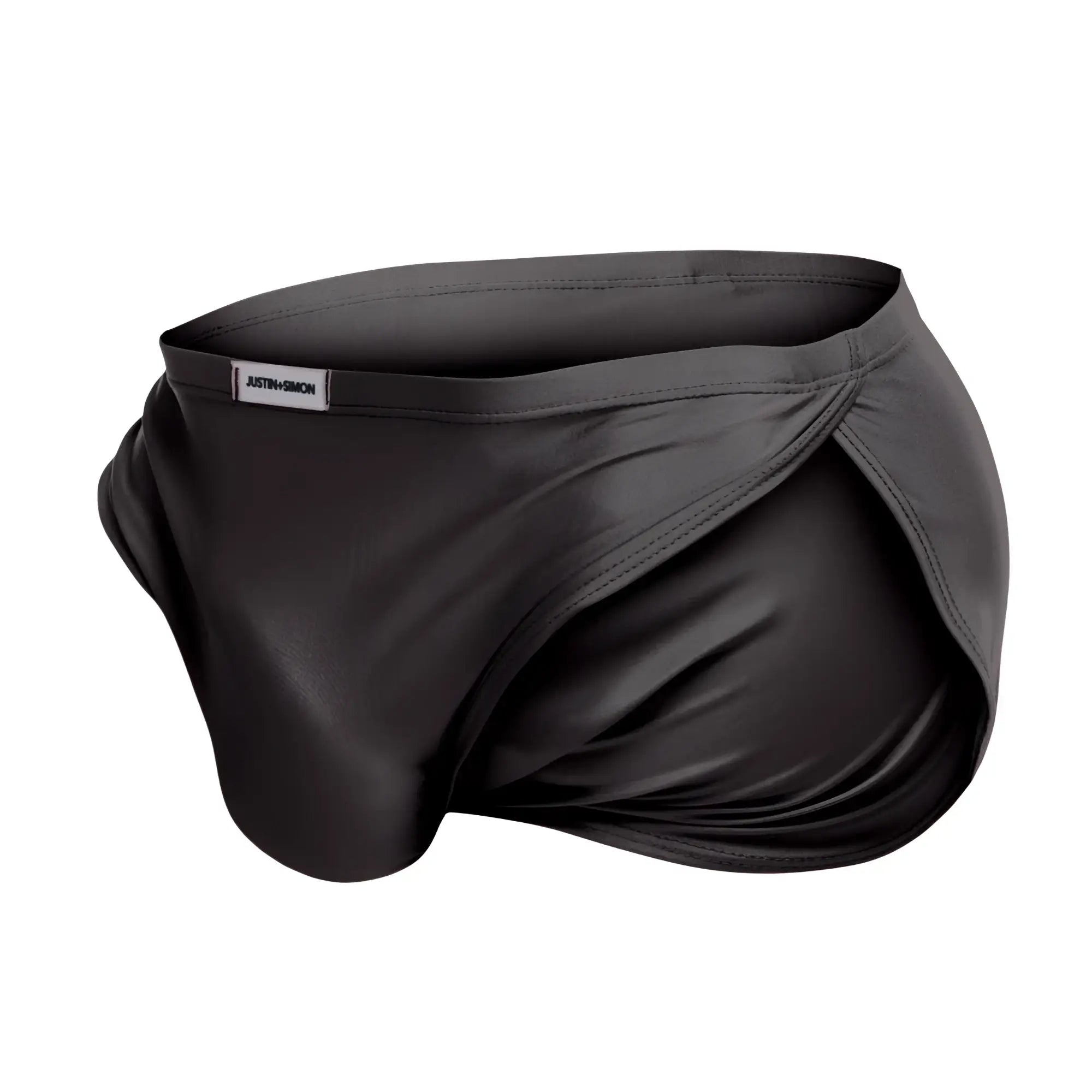 Black satin-like men’s briefs with sleek smooth texture and subtle sheen in justin simon xsj09 running shorts gray