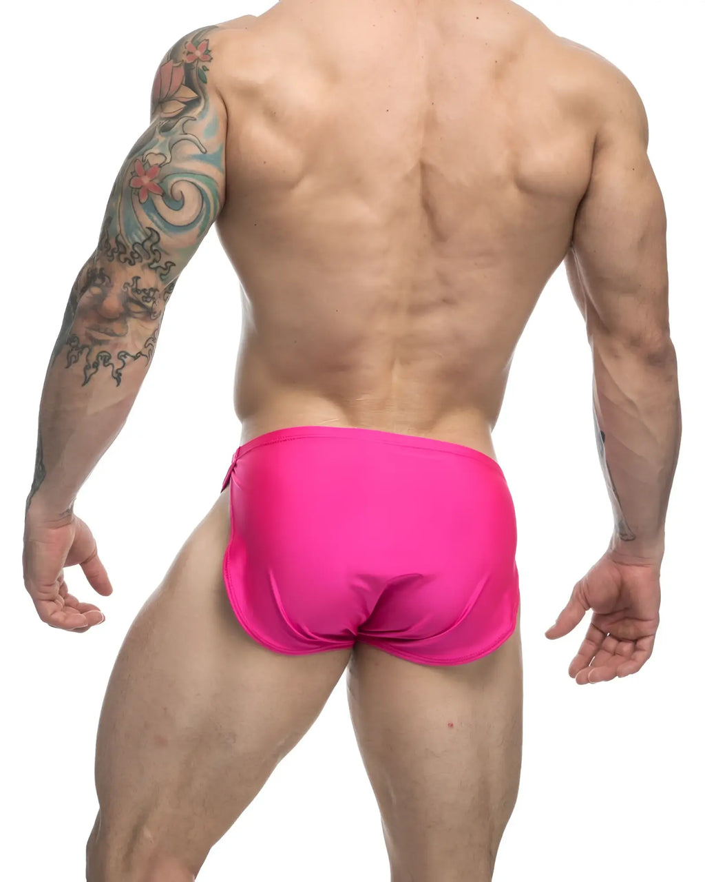 Justin+Simon XSJ09 running shorts in hot pink with bright pink smooth shiny swim trunks fabric