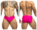 Vibrant hot pink justin+simon xsj09 running briefs with small white brand tag at the waistband for athletic use