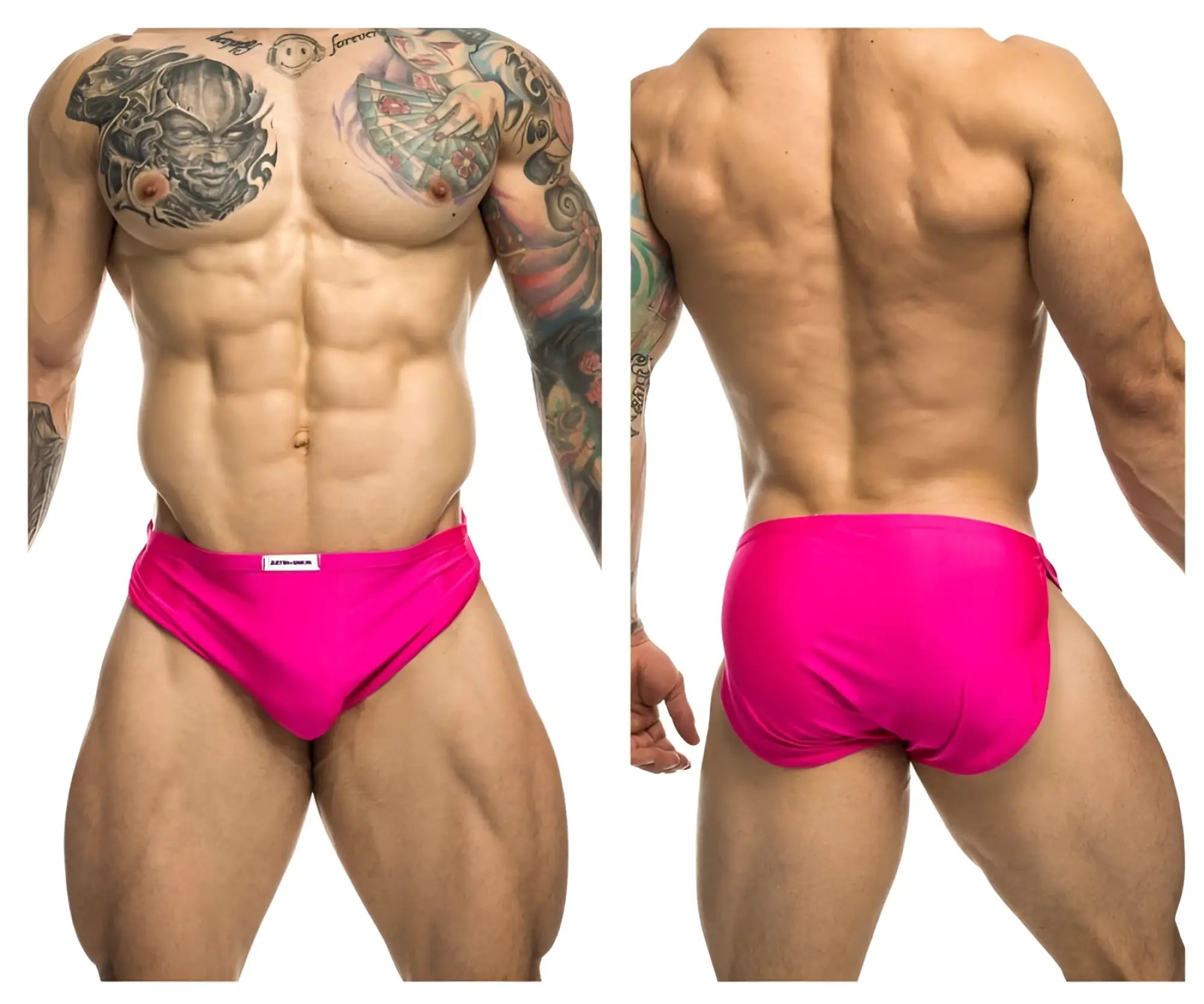 Vibrant hot pink justin+simon xsj09 running briefs with small white brand tag at the waistband for athletic use