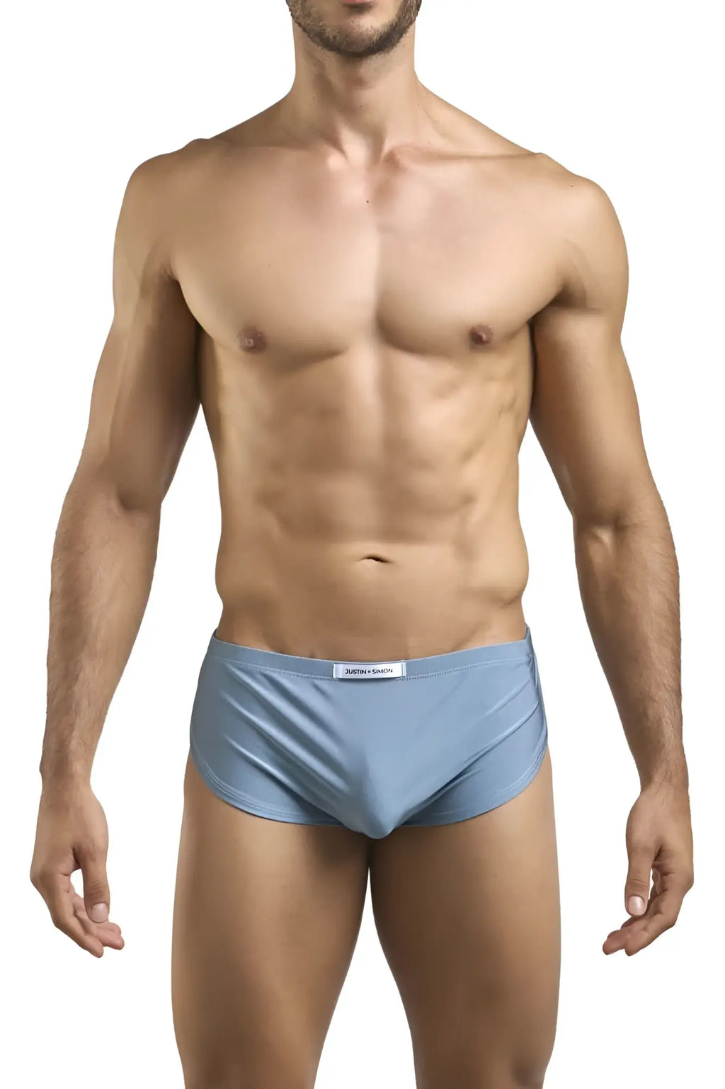 Light blue sleek satin briefs with subtle brand tag at waistband resembling justin simon xsj09 running shorts metal green