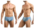 Light blue smooth textured men’s briefs with subtle side slit and white tag by Justin Simon XSJ09 running shorts metal green
