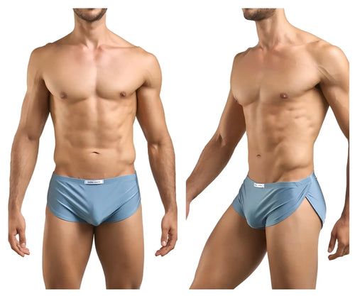 Light blue smooth textured men’s briefs with subtle side slit and white tag by Justin Simon XSJ09 running shorts metal green