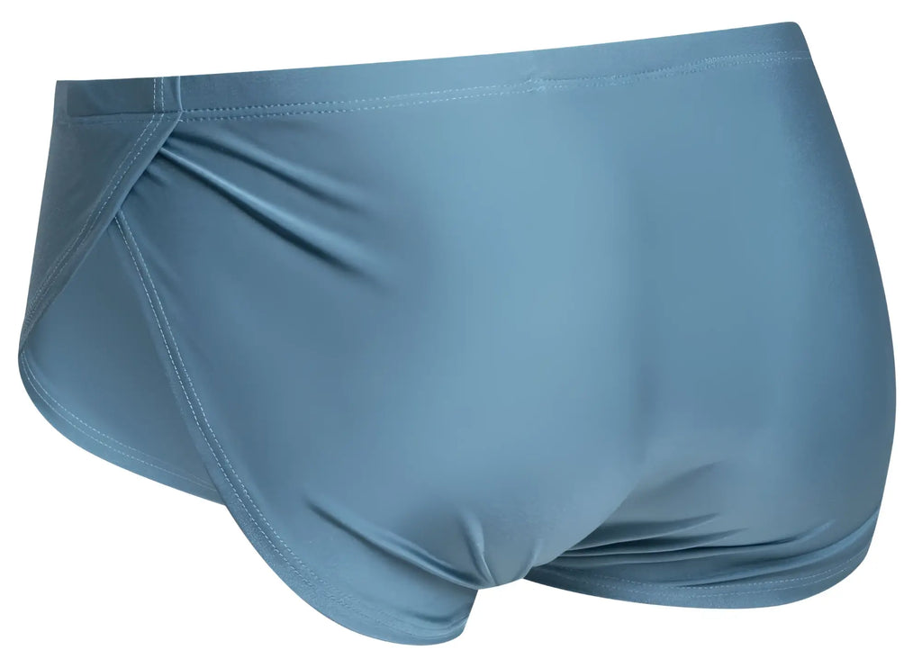Justin Simon XSJ09 running shorts in metal green with sleek light blue fabric and smooth stretchy waistband stitching