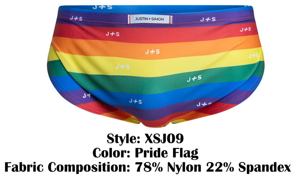 Rainbow-striped men’s briefs in pride flag colors with j+s logo repeated designed for comfort and style
