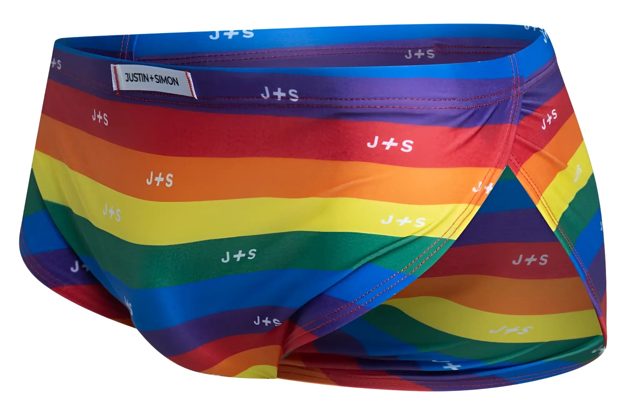 Rainbow-striped men’s briefs with j+s logo on each color band from justin simon xsj09 pride flag running shorts collection