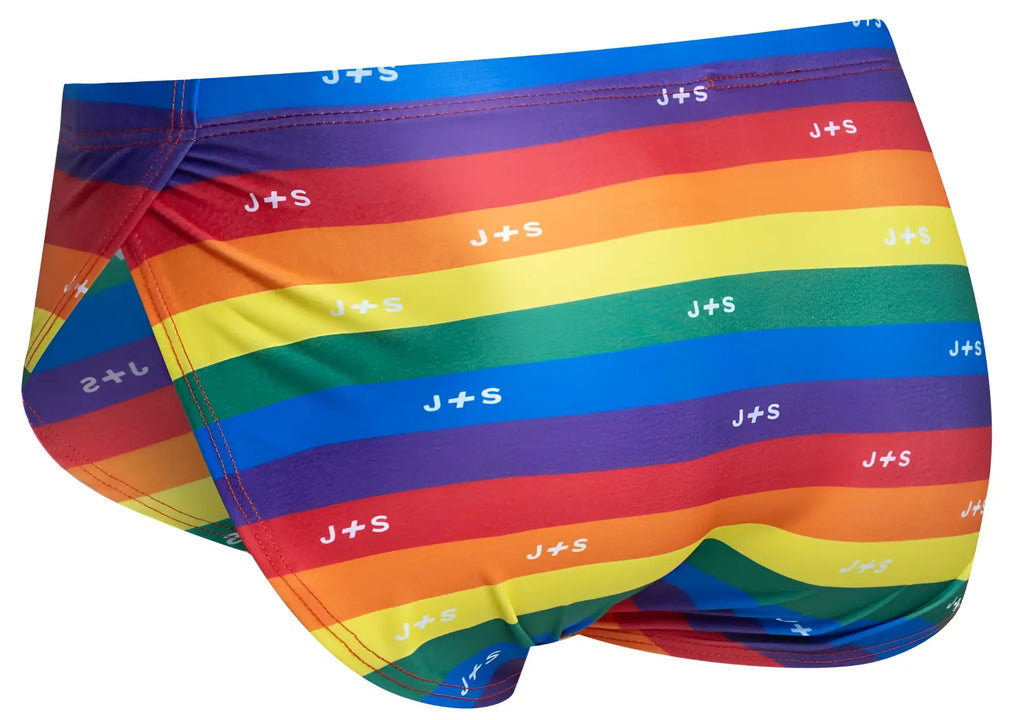 Rainbow-striped men’s briefs with white js logo on each stripe from justin simon xsj09 color pride flag collection