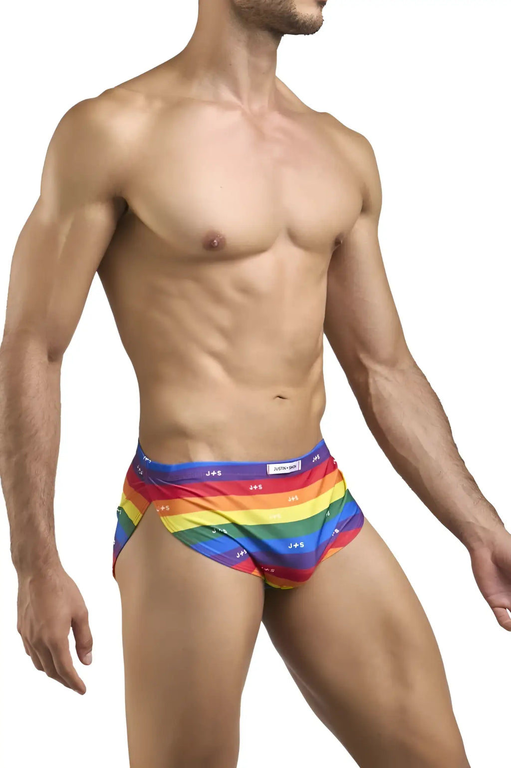 Justin simon xsj09 men’s rainbow-striped briefs with snug fit elastic waistband featuring pride flag colors