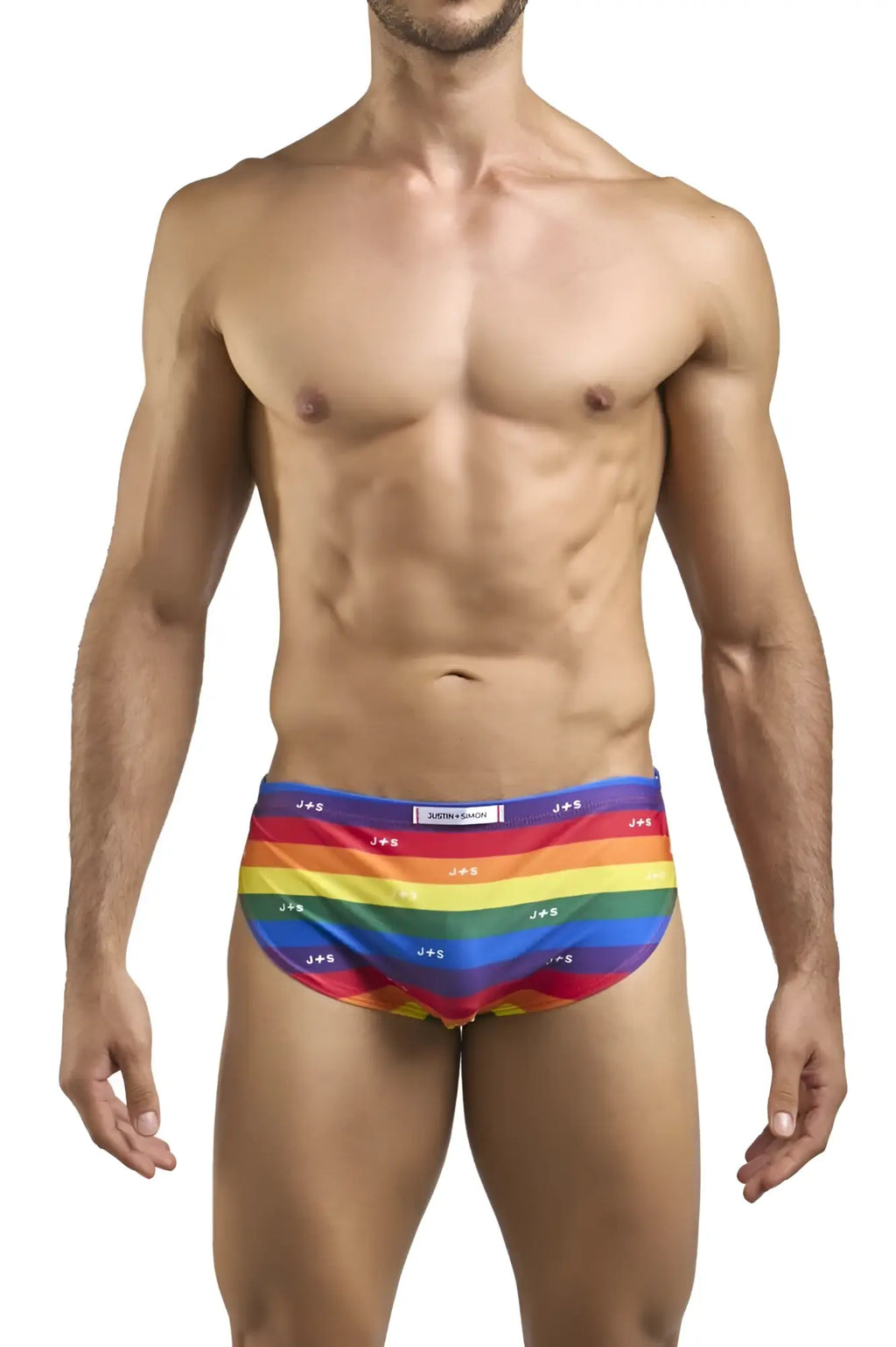 Rainbow-striped men’s swim trunks with repeating js logo waistband in justin simon xsj09 pride flag running shorts