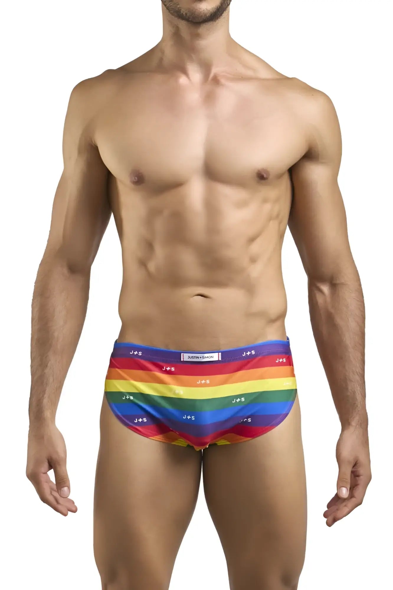 Rainbow-striped men’s swim trunks with repeating js logo waistband in justin simon xsj09 pride flag running shorts