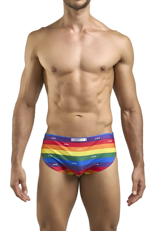 Rainbow-striped men’s swim trunks with repeating js logo waistband in justin simon xsj09 pride flag running shorts