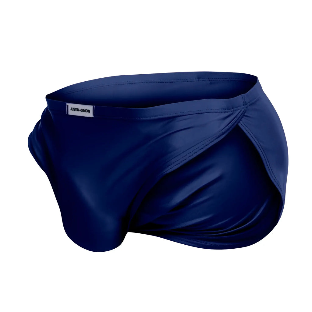 Navy blue satin running shorts by Justin Simon with sleek fit and branded waistband label in royal blue color