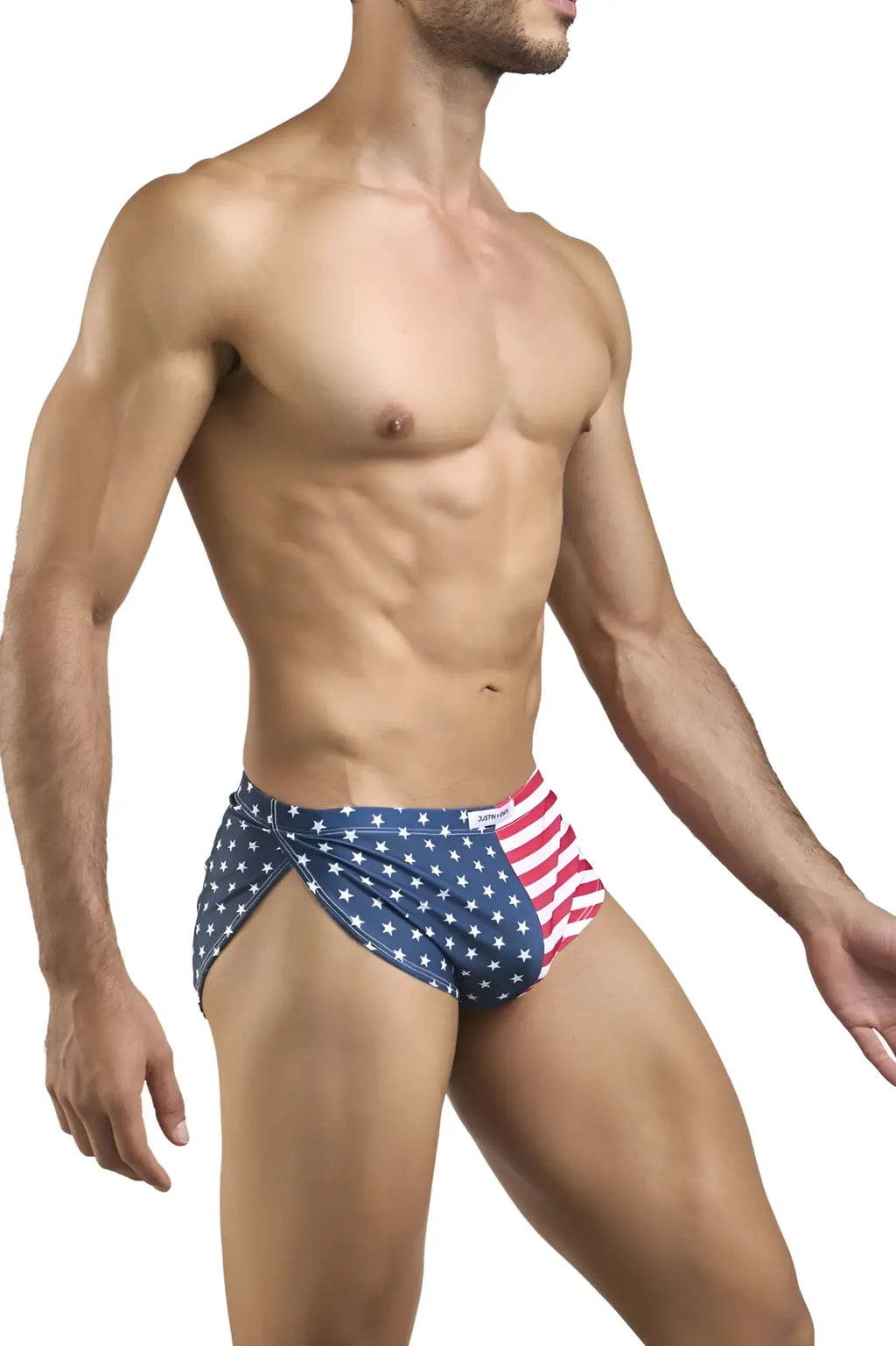 Justin simon xsj09 running shorts in blue and red usa flag pattern with white stars swim trunks design