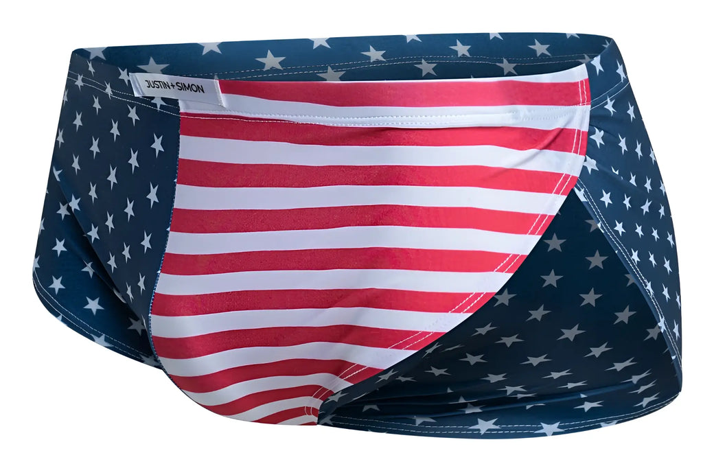 Justin simon xsj09 running shorts with blue and red striped swim trunks featuring white stars usa flag design
