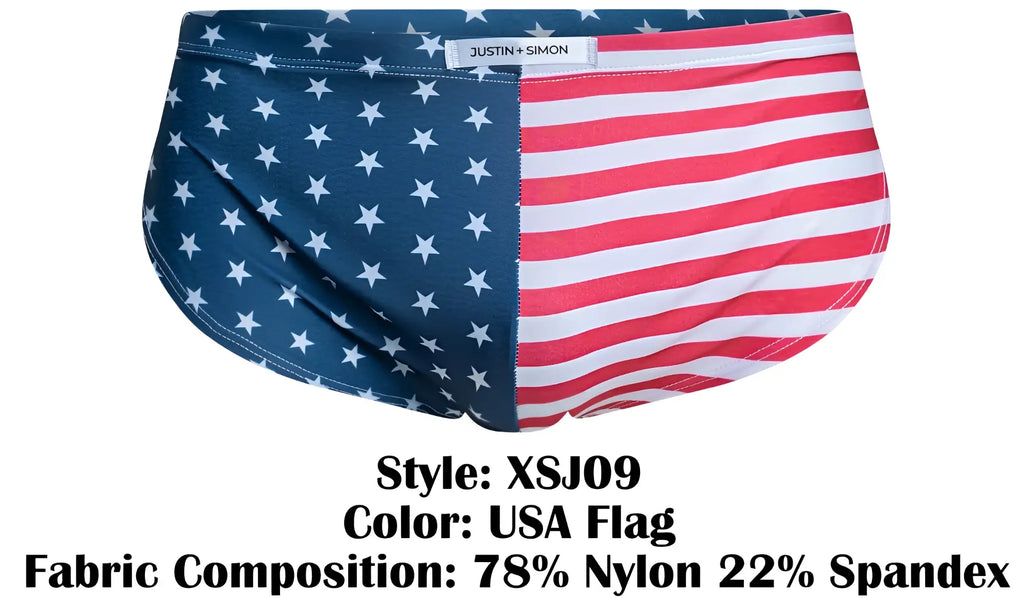Justin simon XSJ09 USA flag running shorts with navy white stars left side and red white stripes right side nylon spandex