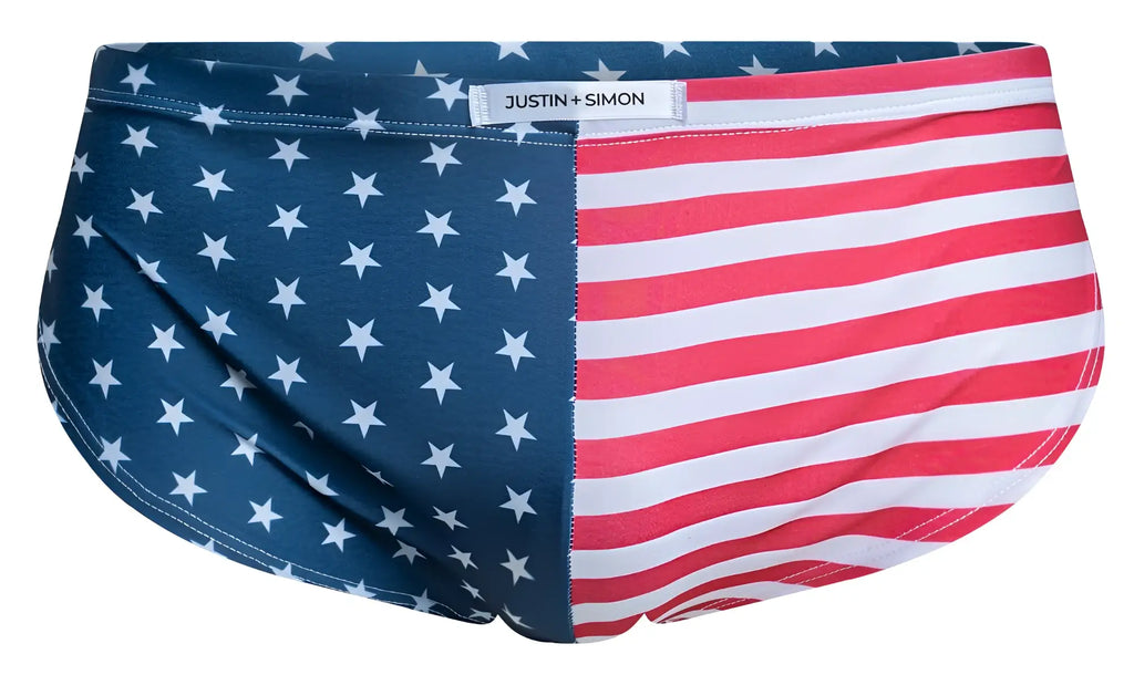 Justin simon men’s swim trunks xsj09 with bold usa flag design featuring red white stripes and blue stars