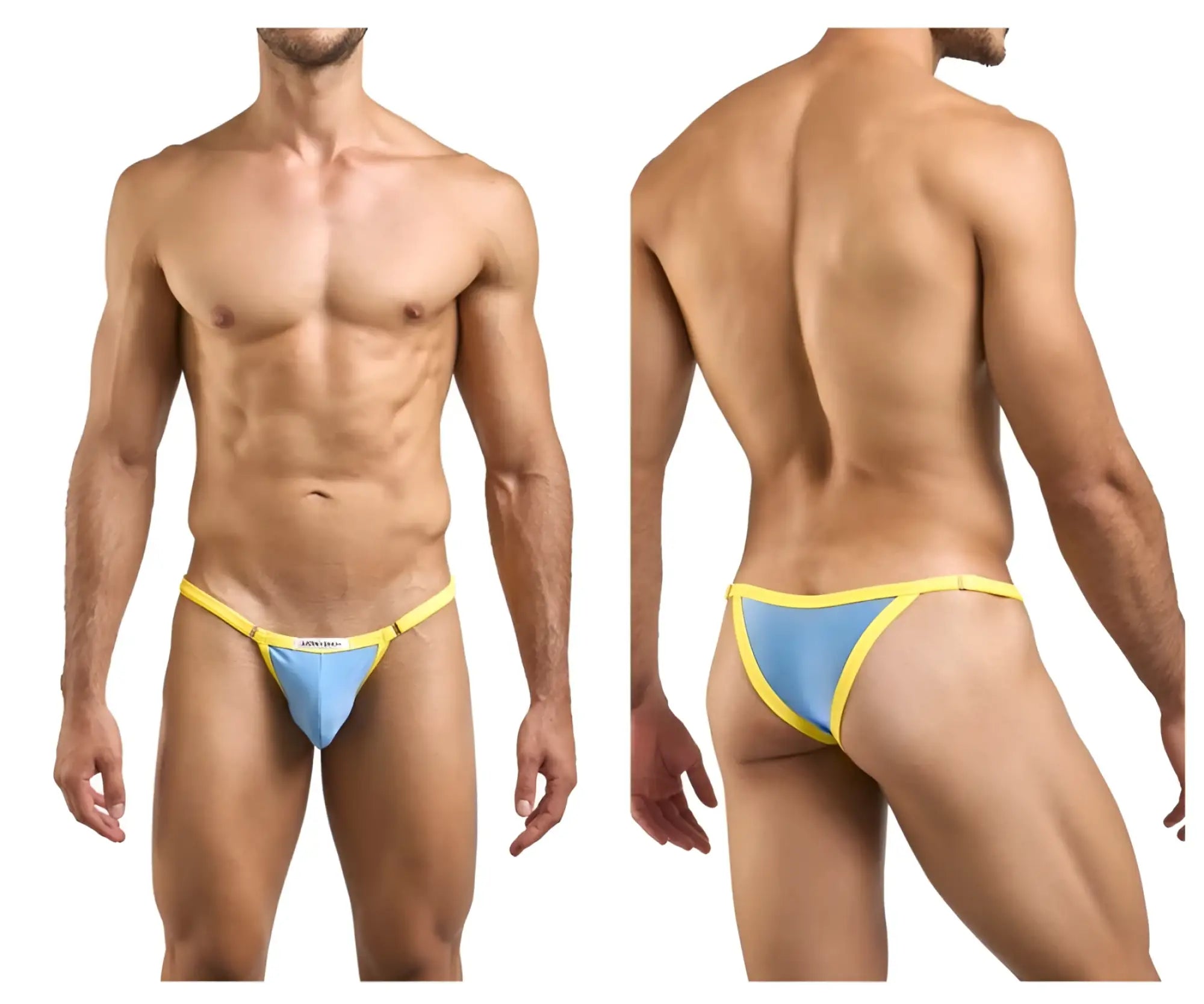 Blue and yellow thong bikini with thin elastic waistband from JUSTIN+SIMON model XSJ12 in baby blue color