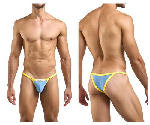 Blue and yellow thong bikini with thin elastic waistband from JUSTIN+SIMON model XSJ12 in baby blue color
