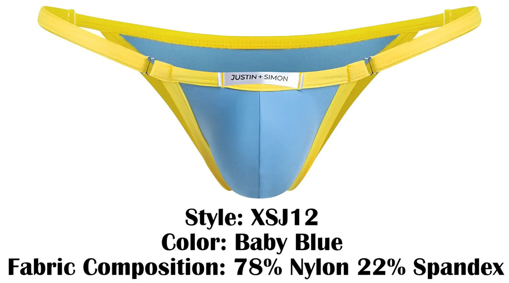 Baby blue and yellow thong bikini with justin simon brand label from justin simon xsj12 collection