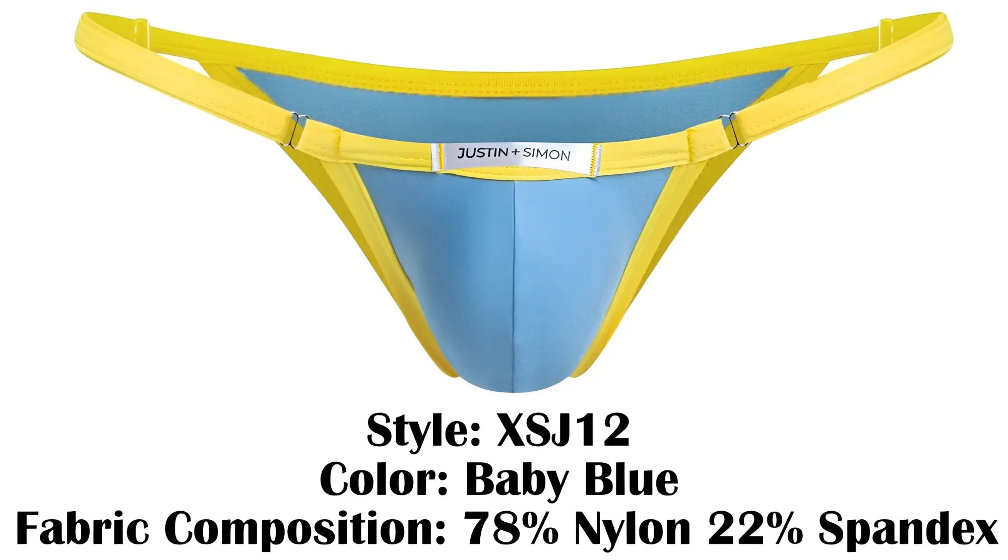 Baby blue and yellow thong bikini with justin simon brand label from justin simon xsj12 collection