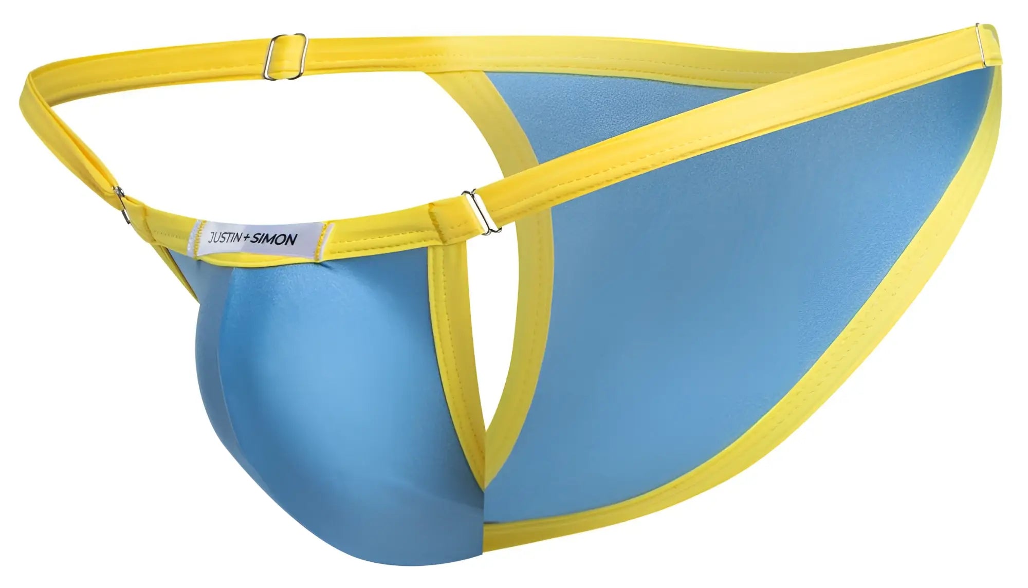 Blue and yellow justin simon thong bikini with a satin finish in baby blue color shown from the front