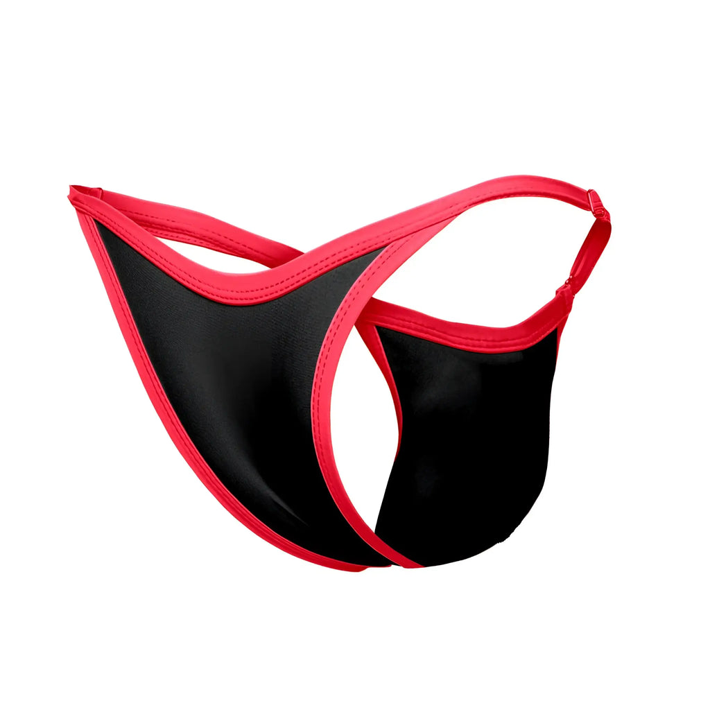 Black and red satin thong bikini with sleek minimalist design from JUSTIN SIMON XSJ12 in one color black