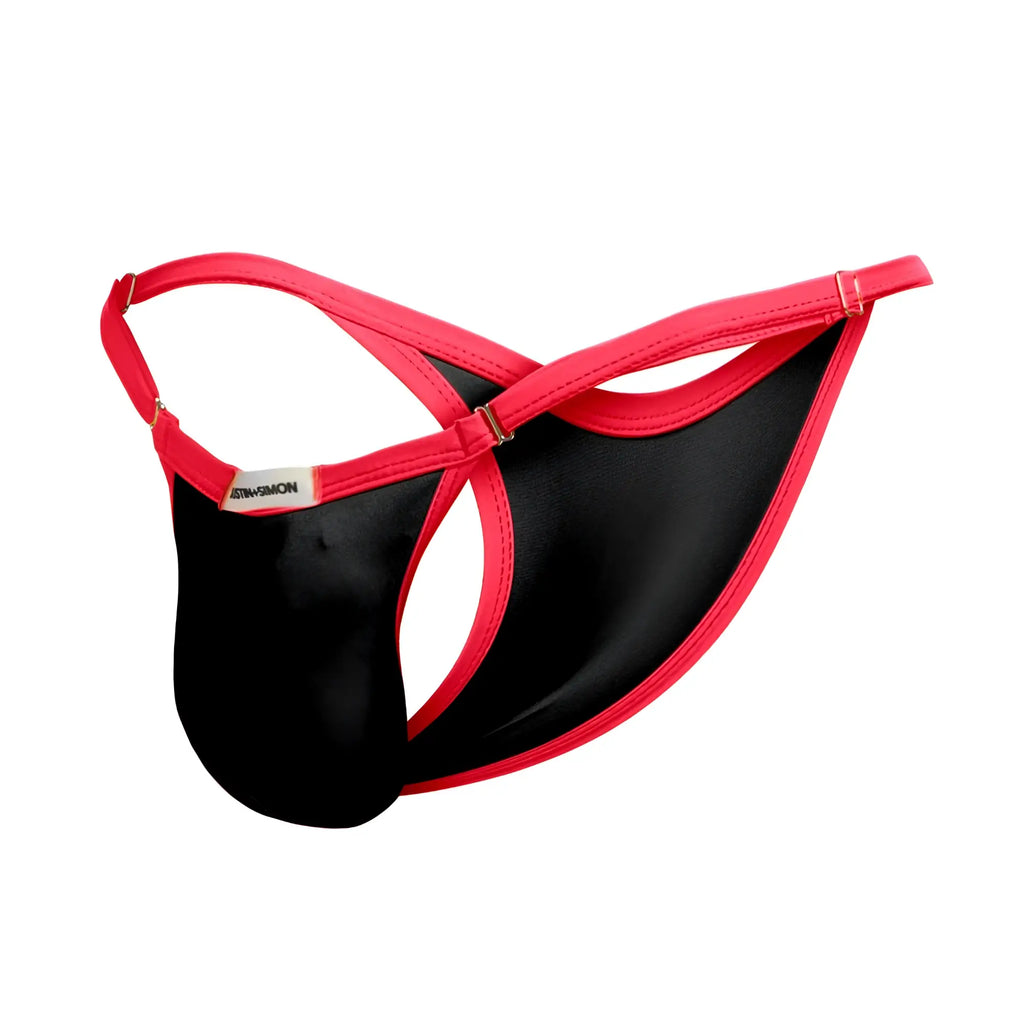 Justin simon xsj12 black bikini thong with shiny smooth fabric and bright pink contrasting straps front view