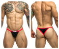 Justin simon xsj12 bikini black thong with thin red trim along edges showing front view